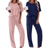 Ekouaer 2 Pack Womens Pajamas Sets Short Sleeve Long Pants Pjs Lounge Set(Navy Dots/Light Pink Striped)