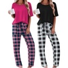 Ekouaer 2 Pack Womens Pajamas Sets Short Sleeve Long Pants Pjs Lounge Set(Rose Plaid/Black Plaid)