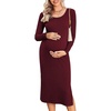 Ekouaer Maternity Dress Rib Knit Long Sleeve Side Slit Bodycon Dresses Pregnancy Baby Shower Clothes S-XXL(A Long Sleeve Wine Red)