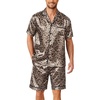 Ekouaer Mens Pajamas Set Silk Satin Pjs Short Sleeve Button Up Lounge Sets(Brown Leopard)