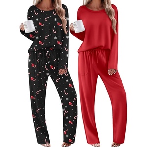 Ekouaer 2 Pack Womens Pajama Sets Long Sleeve Long Pants Pjs Loungewear(Christmas Black/Red)