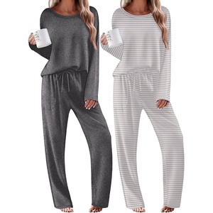 Ekouaer 2 Pack Womens Pajama Sets Long Sleeve Long Pants Pjs Loungewear(Dark Grey/Grey Striped)