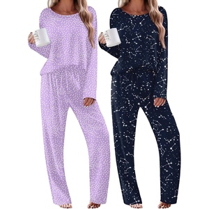 Ekouaer 2 Pack Womens Pajama Sets Long Sleeve Long Pants Pjs Loungewear(Lilac Dots/Navy Star)