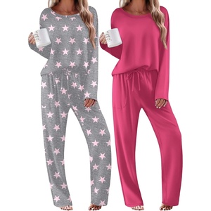 Ekouaer 2 Pack Womens Pajama Sets Long Sleeve Long Pants Pjs Loungewear(Rose/Light Grey Stars)