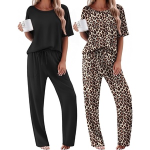 Ekouaer 2 Pack Womens Pajamas Sets Short Sleeve Long Pants Pjs Lounge Set(Black/Leopard)