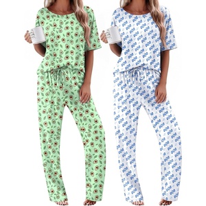 Ekouaer 2 Pack Womens Pajamas Sets Short Sleeve Long Pants Pjs Lounge Set(Green Avocado/Blue Whale)