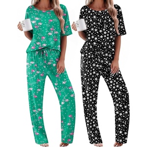 Ekouaer 2 Pack Womens Pajamas Sets Short Sleeve Long Pants Pjs Lounge Set(Green Flamingo/Black Stars)