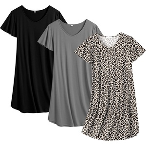 Ekouaer Cotton Nightgowns for Women 3 Pack Short Sleeve Sleepshirts T-shirt(Black/Grey/Leopard)