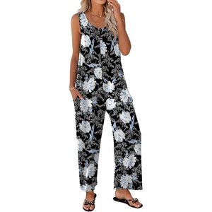 Ekouaer Jumpsuits for Women Casual Summer Sleeveless Rompers Travel Outfits(Black/White Flower)