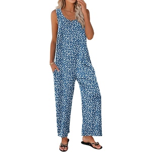 Ekouaer Jumpsuits for Women Casual Summer Sleeveless Rompers Travel Outfits(Blue Flower)