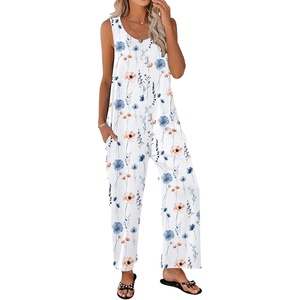 Ekouaer Jumpsuits for Women Casual Summer Sleeveless Rompers Travel Outfits(White/Watercolor Flowers)