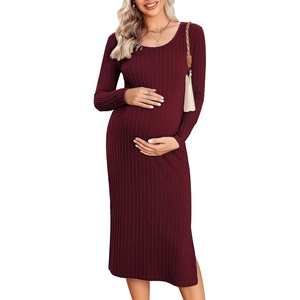 Ekouaer Maternity Dress Rib Knit Long Sleeve Side Slit Bodycon Dresses Pregnancy Baby Shower Clothes S-XXL(A Long Sleeve Wine Red)