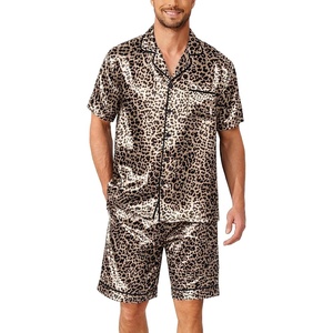 Ekouaer Mens Pajamas Set Silk Satin Pjs Short Sleeve Button Up Lounge Sets(Brown Leopard)