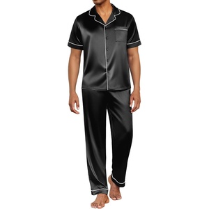 Ekouaer Mens Satin Pajama Set Short Sleeve Button Down Sleepwear with Pant(Black)