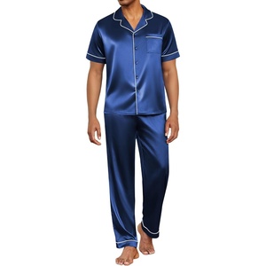 Ekouaer Mens Satin Pajama Set Short Sleeve Button Down Sleepwear with Pant(Navy Blue)