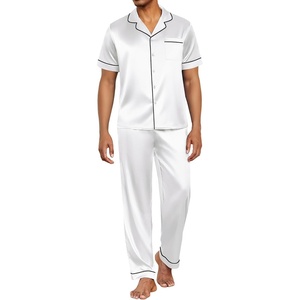 Ekouaer Mens Satin Pajama Set Short Sleeve Button Down Sleepwear with Pant(White)