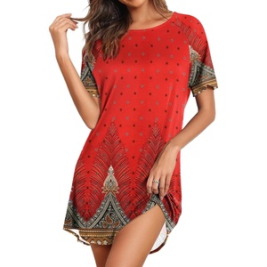 Ekouaer Nightgowns for Women Short Sleeve Sleep Shirts Pullover Nightshirt(Red Boho Print)