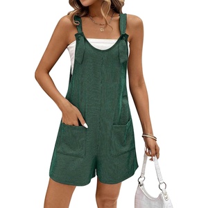 Ekouaer Rompers for Women 2026 Fashion Ribbed Knit Jumpsuit Scoop Neck Loose Outfit Wide Leg Summer One Piece Shortalls(Deep Green)