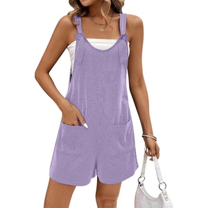 Ekouaer Rompers for Women 2026 Fashion Ribbed Knit Jumpsuit Scoop Neck Loose Outfit Wide Leg Summer One Piece Shortalls(Purple)