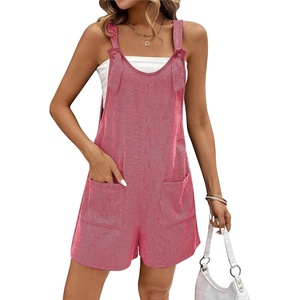 Ekouaer Rompers for Women 2026 Fashion Ribbed Knit Jumpsuit Scoop Neck Loose Outfit Wide Leg Summer One Piece Shortalls(Rose Pink)
