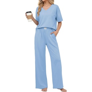 Ekouaer Womens Pajama Sets Cotton Short Sleeve Long Pants Lounge Set(Light Blue)
