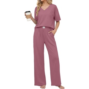 Ekouaer Womens Pajama Sets Cotton Short Sleeve Long Pants Lounge Set(Purple Red)