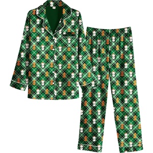 Ekouaer Womens Satin Silky Pajama Set Classic Pattern Button Down Pjs Set(Green Christmas Teddy 02)