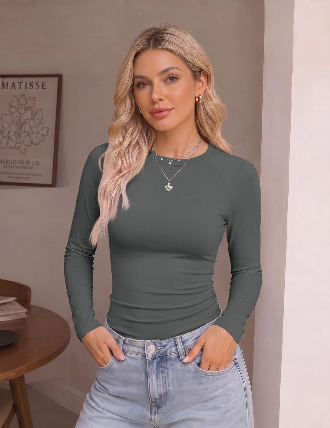 image:imageEkouaer 3 Pack Womens Long Sleeve Raglan Shirts Slim Fit Thermal TopsBlackNavyDark Grey