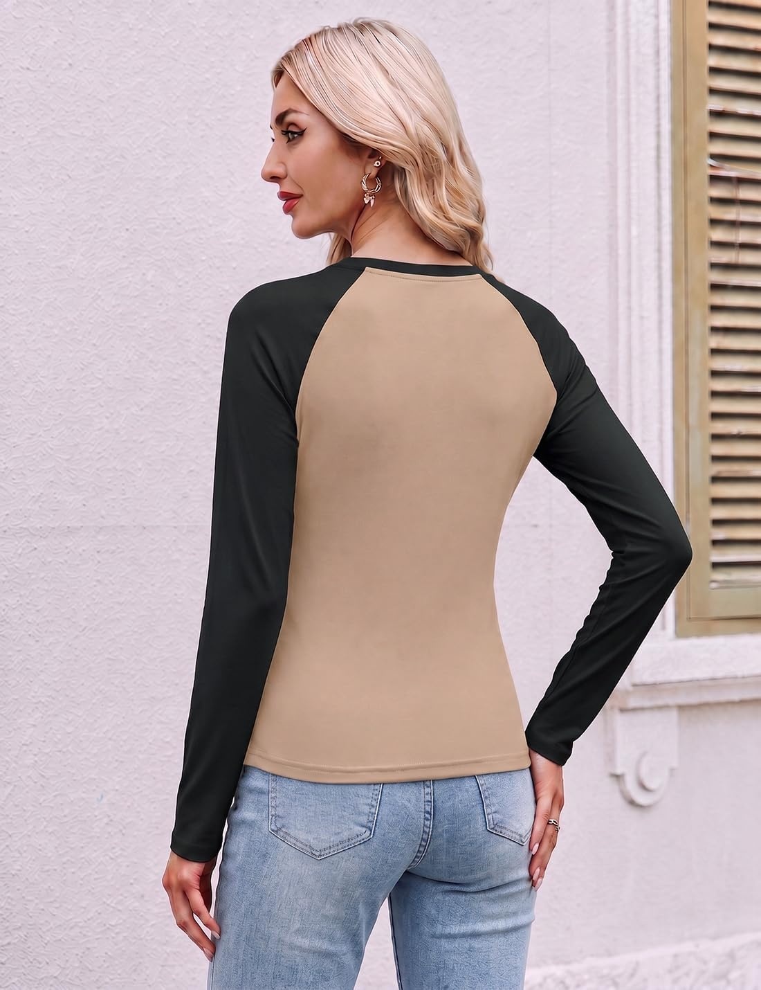 image:imageEkouaer 3 Pack Womens Long Sleeve Raglan Shirts Slim Fit Thermal TopsBlackWhiteBlack Khaki Combo