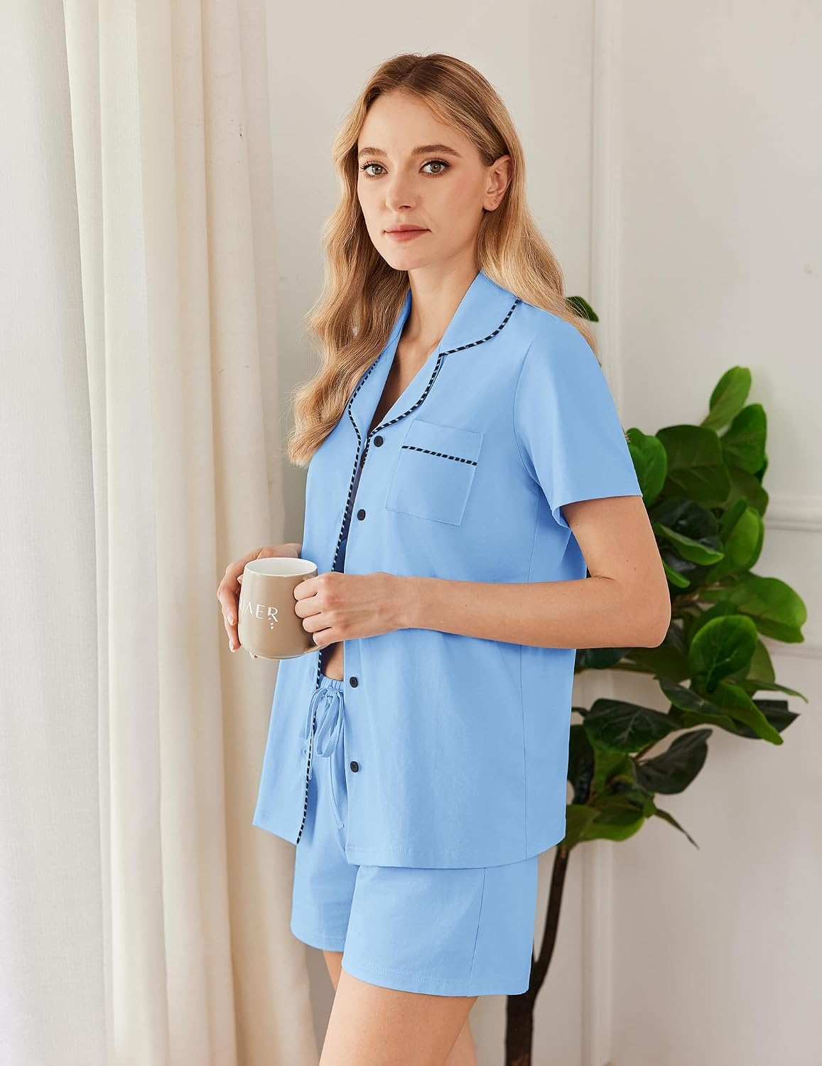 image:imageEkouaer Pajamas for Women Set Button Down Short Sleeve Sleepwear 2 Piece pjBaby Blue