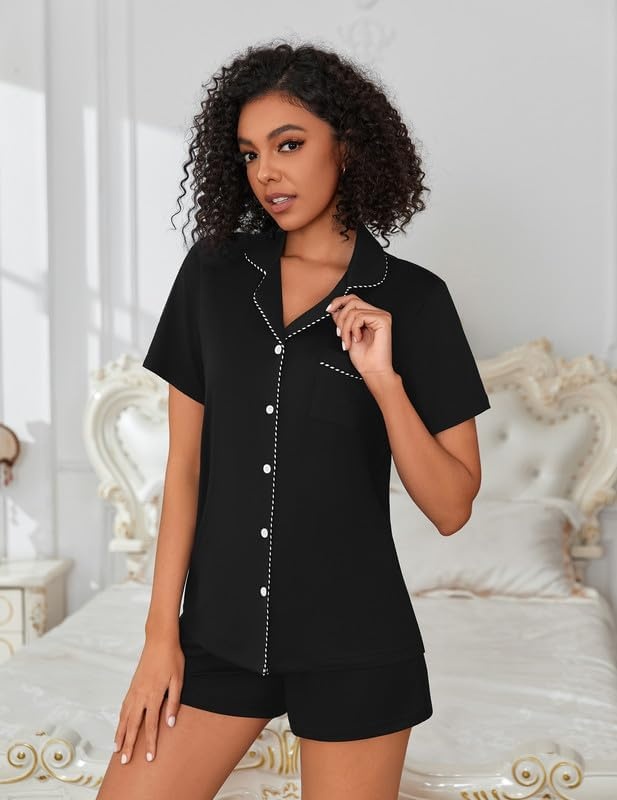 image:imageEkouaer Pajamas for Women Set Button Down Short Sleeve Sleepwear 2 Piece pjBlack
