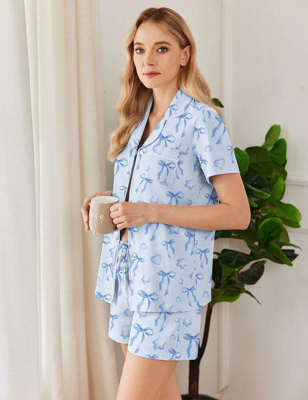 image:imageEkouaer Pajamas for Women Set Button Down Short Sleeve Sleepwear 2 Piece pjBlue Pentagram
