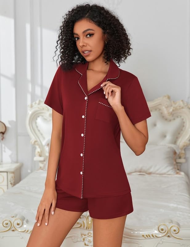 image:imageEkouaer Pajamas for Women Set Button Down Short Sleeve Sleepwear 2 Piece pjBurgundy