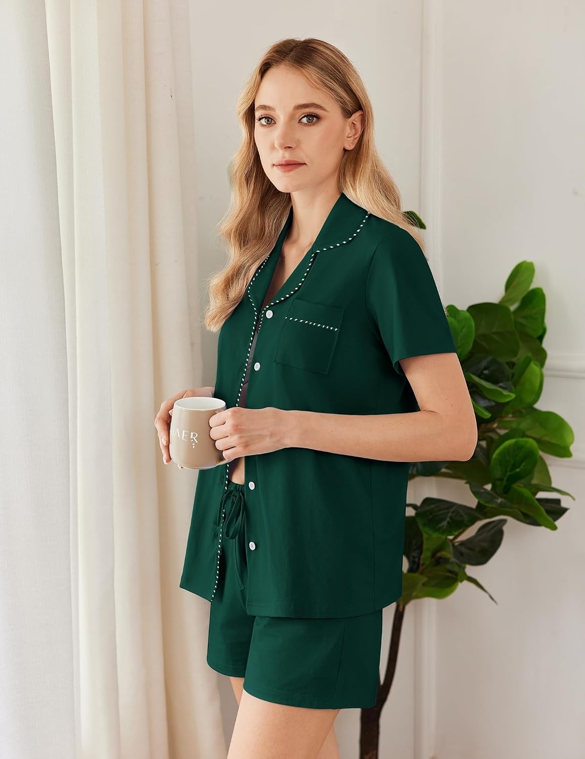image:imageEkouaer Pajamas for Women Set Button Down Short Sleeve Sleepwear 2 Piece pjDark Green