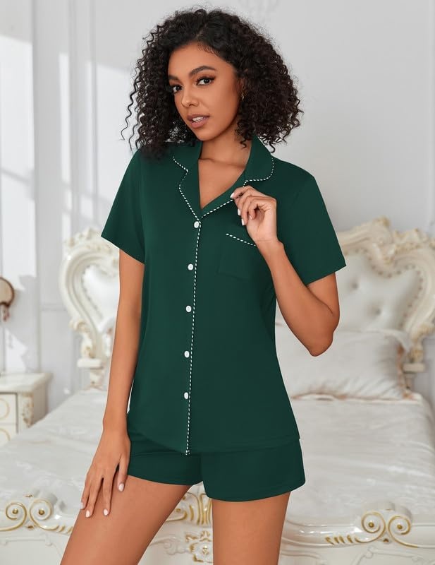 image:imageEkouaer Pajamas for Women Set Button Down Short Sleeve Sleepwear 2 Piece pjDark Green