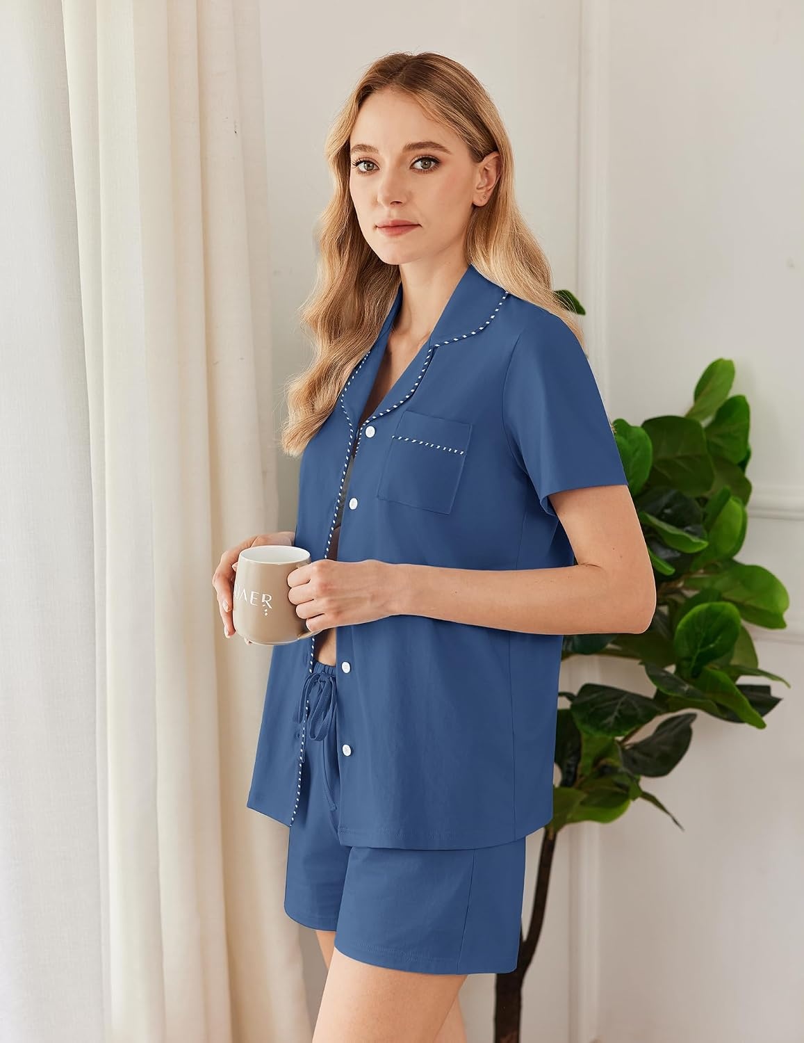 image:imageEkouaer Pajamas for Women Set Button Down Short Sleeve Sleepwear 2 Piece pjMarine Blue