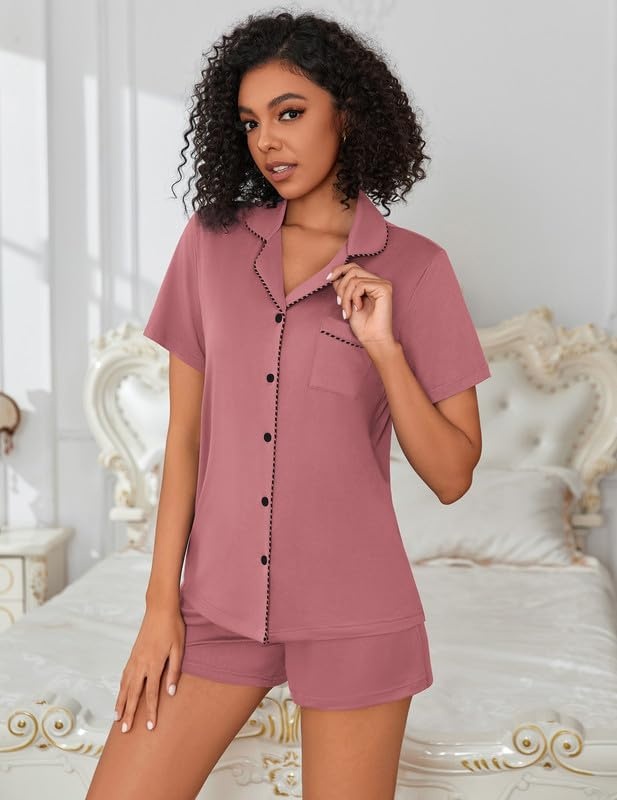 image:imageEkouaer Pajamas for Women Set Button Down Short Sleeve Sleepwear 2 Piece pjPale Violet Red