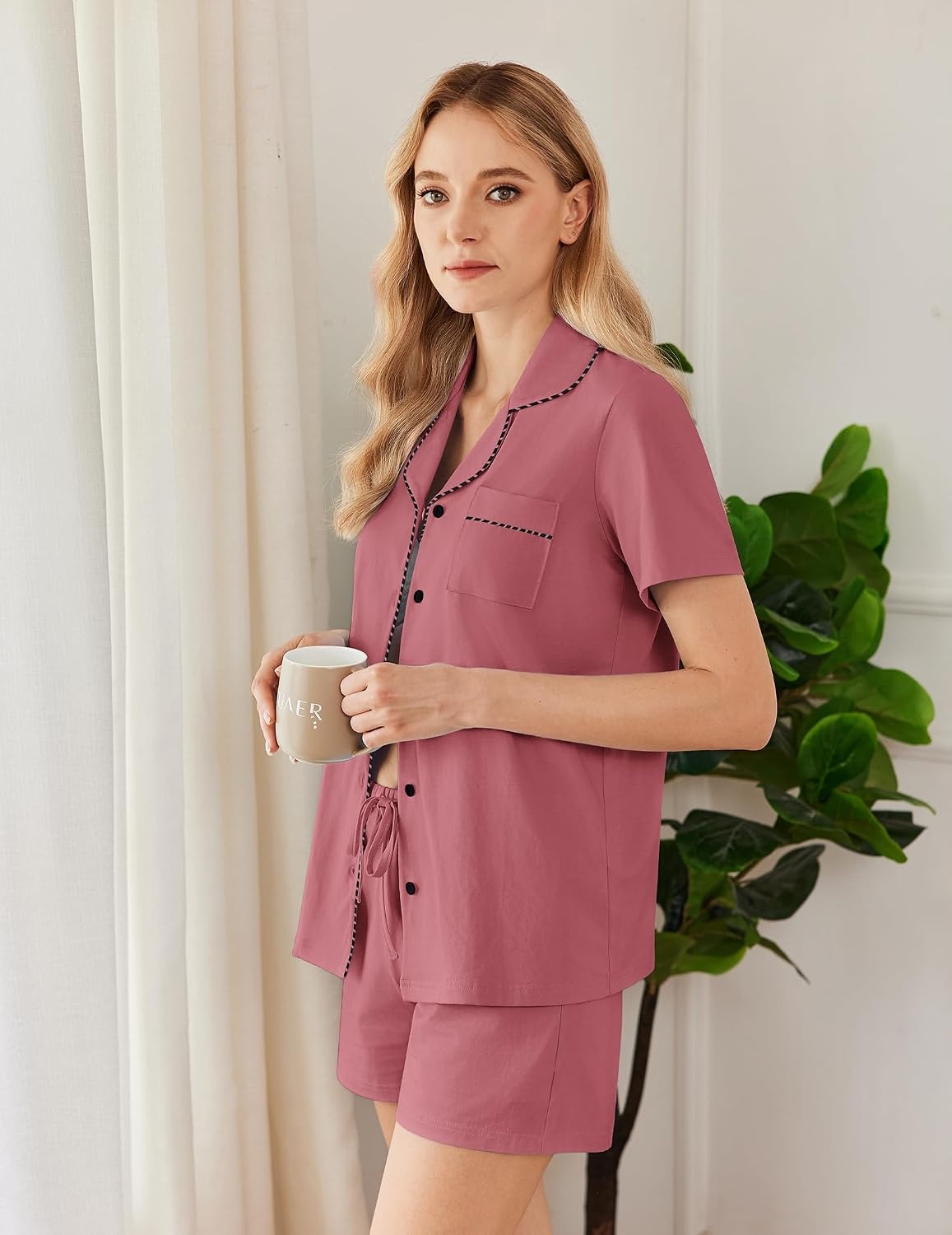 image:imageEkouaer Pajamas for Women Set Button Down Short Sleeve Sleepwear 2 Piece pjPale Violet Red
