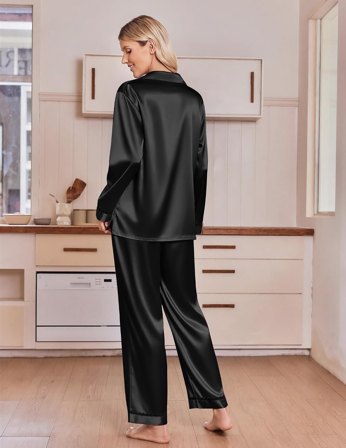 image:imageEkouaer Satin Pajamas for Women Set 2 Piece Silk Pjs Long Sleeve Lounge SetBlack