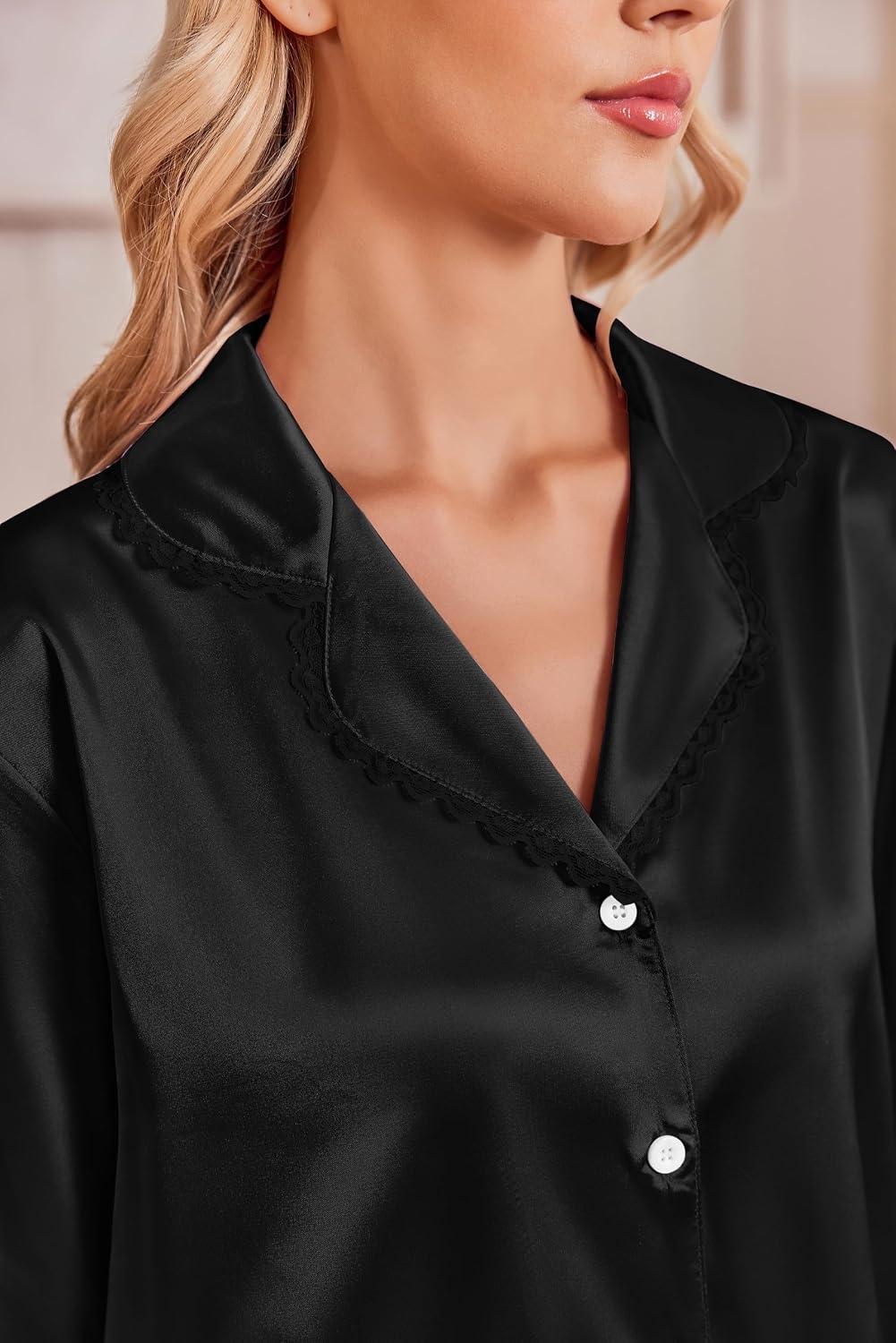 image:imageEkouaer Satin Pajamas for Women Set 2 Piece Silk Pjs Long Sleeve Lounge SetBlack