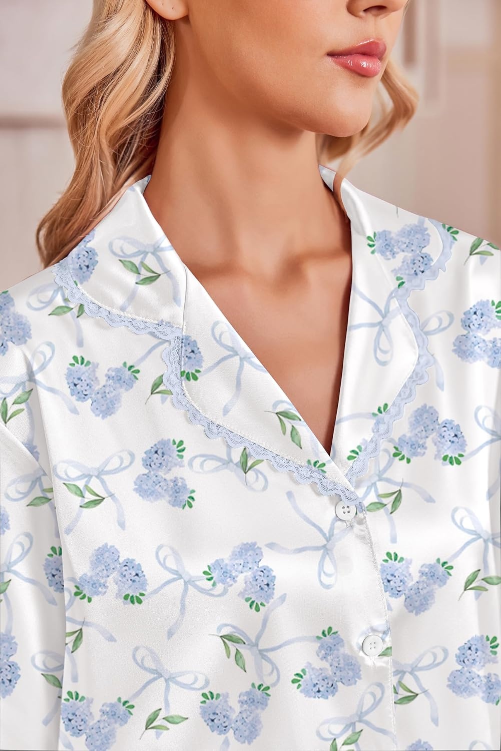 image:imageEkouaer Satin Pajamas for Women Set 2 Piece Silk Pjs Long Sleeve Lounge SetBlue Floral Bows