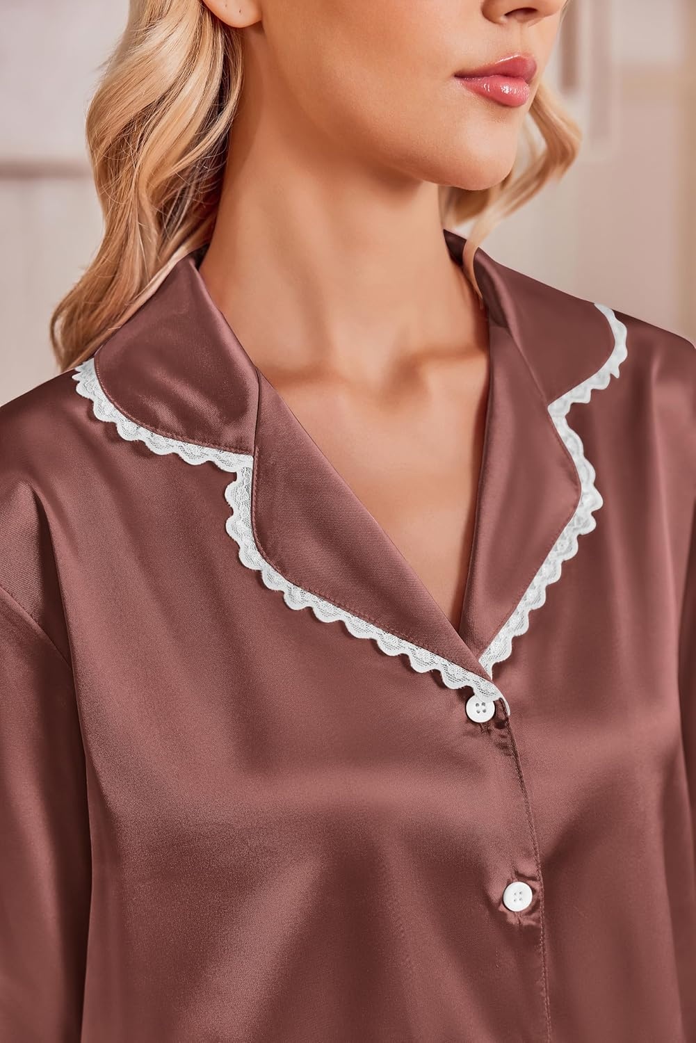 image:imageEkouaer Satin Pajamas for Women Set 2 Piece Silk Pjs Long Sleeve Lounge SetBrown