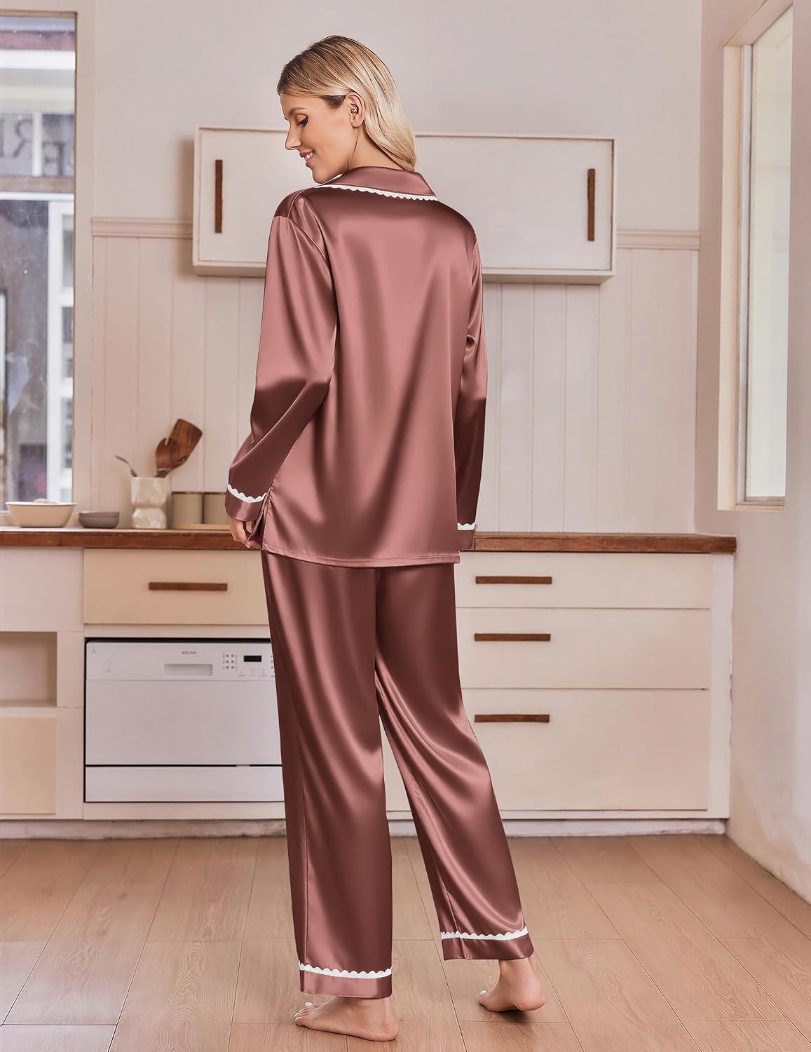 image:imageEkouaer Satin Pajamas for Women Set 2 Piece Silk Pjs Long Sleeve Lounge SetBrown