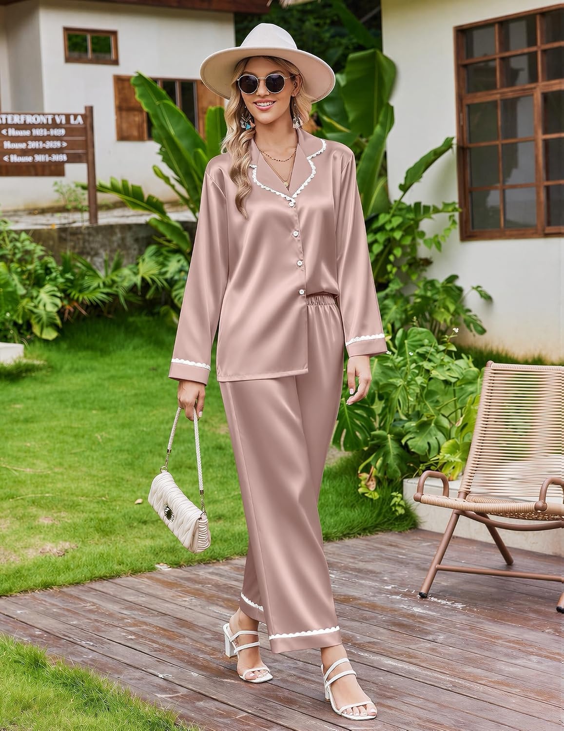 image:imageEkouaer Satin Pajamas for Women Set 2 Piece Silk Pjs Long Sleeve Lounge SetChampagne