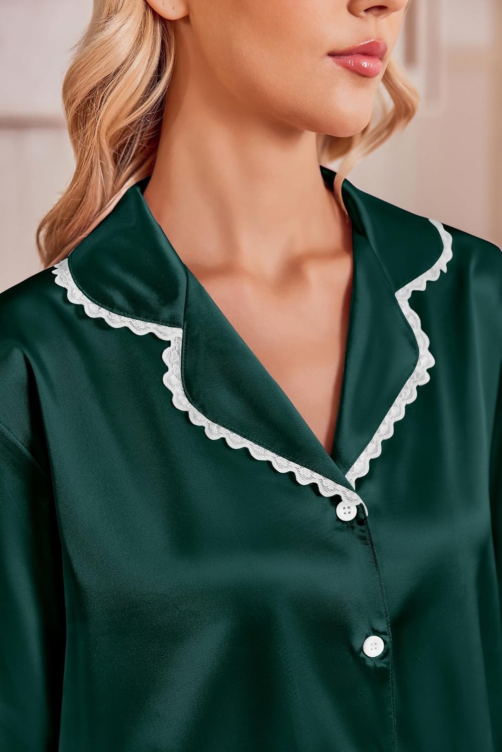 image:imageEkouaer Satin Pajamas for Women Set 2 Piece Silk Pjs Long Sleeve Lounge SetGreen