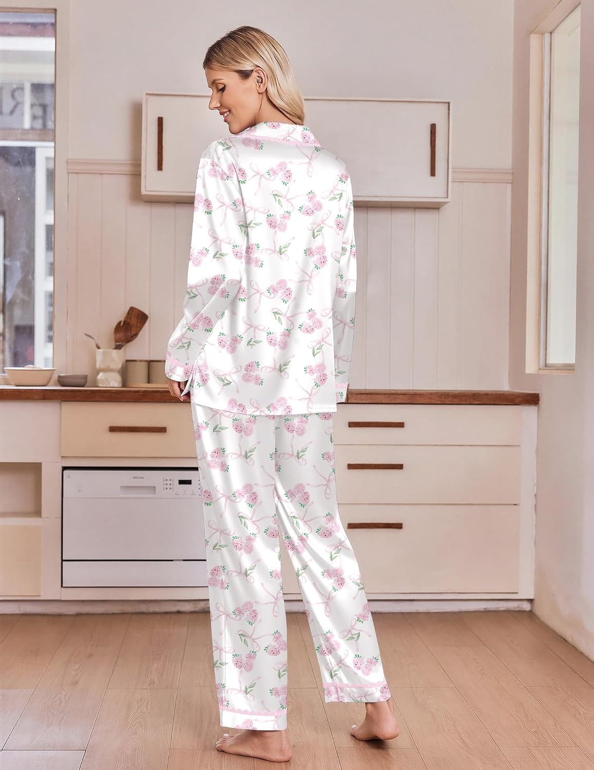 image:imageEkouaer Satin Pajamas for Women Set 2 Piece Silk Pjs Long Sleeve Lounge SetPink Floral Bows