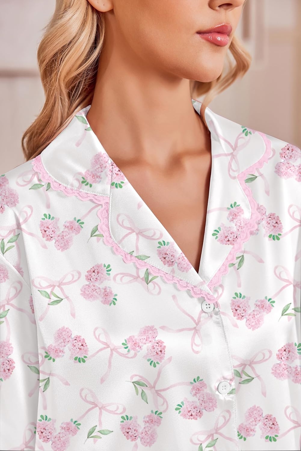 image:imageEkouaer Satin Pajamas for Women Set 2 Piece Silk Pjs Long Sleeve Lounge SetPink Floral Bows