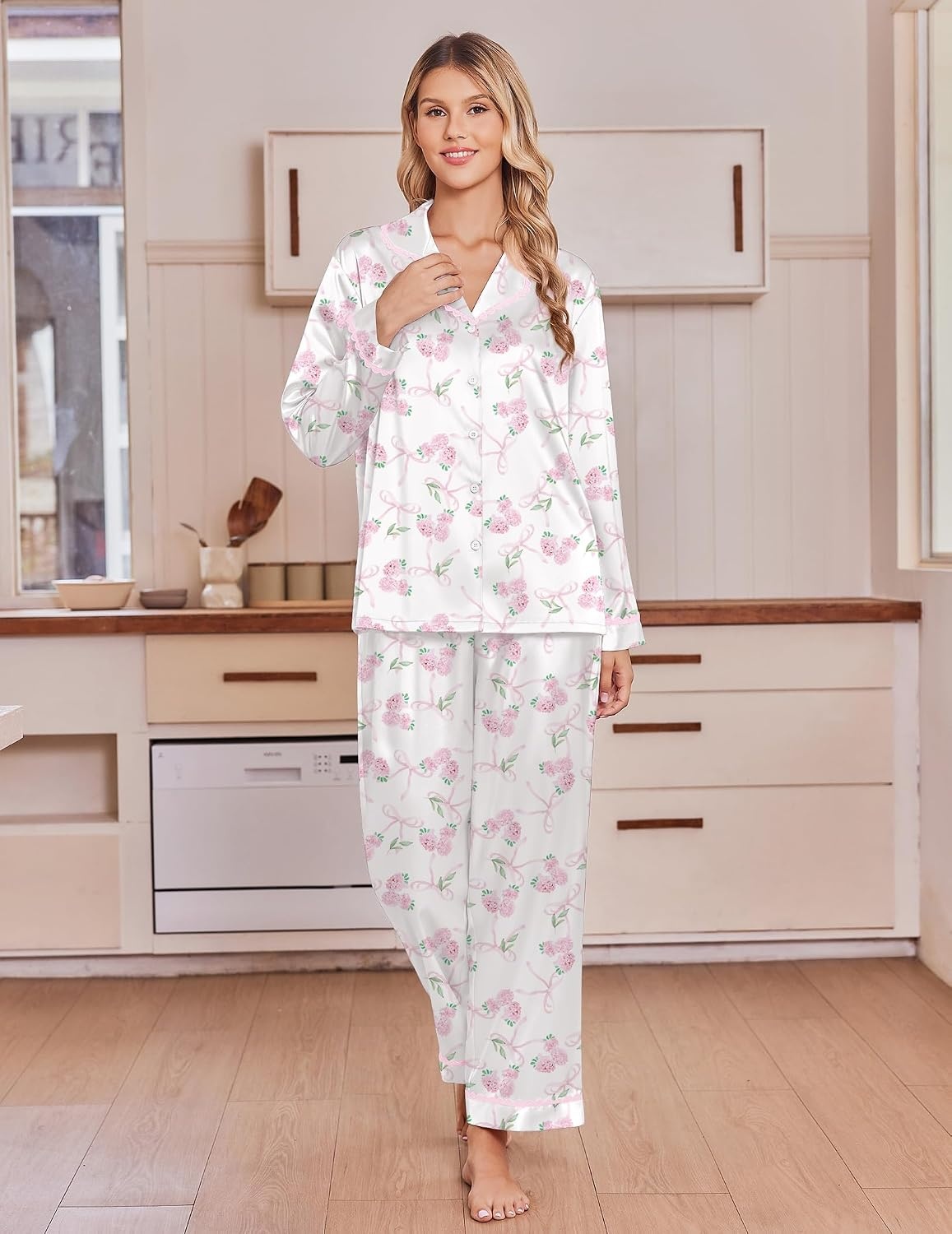image:imageEkouaer Satin Pajamas for Women Set 2 Piece Silk Pjs Long Sleeve Lounge SetPink Floral Bows