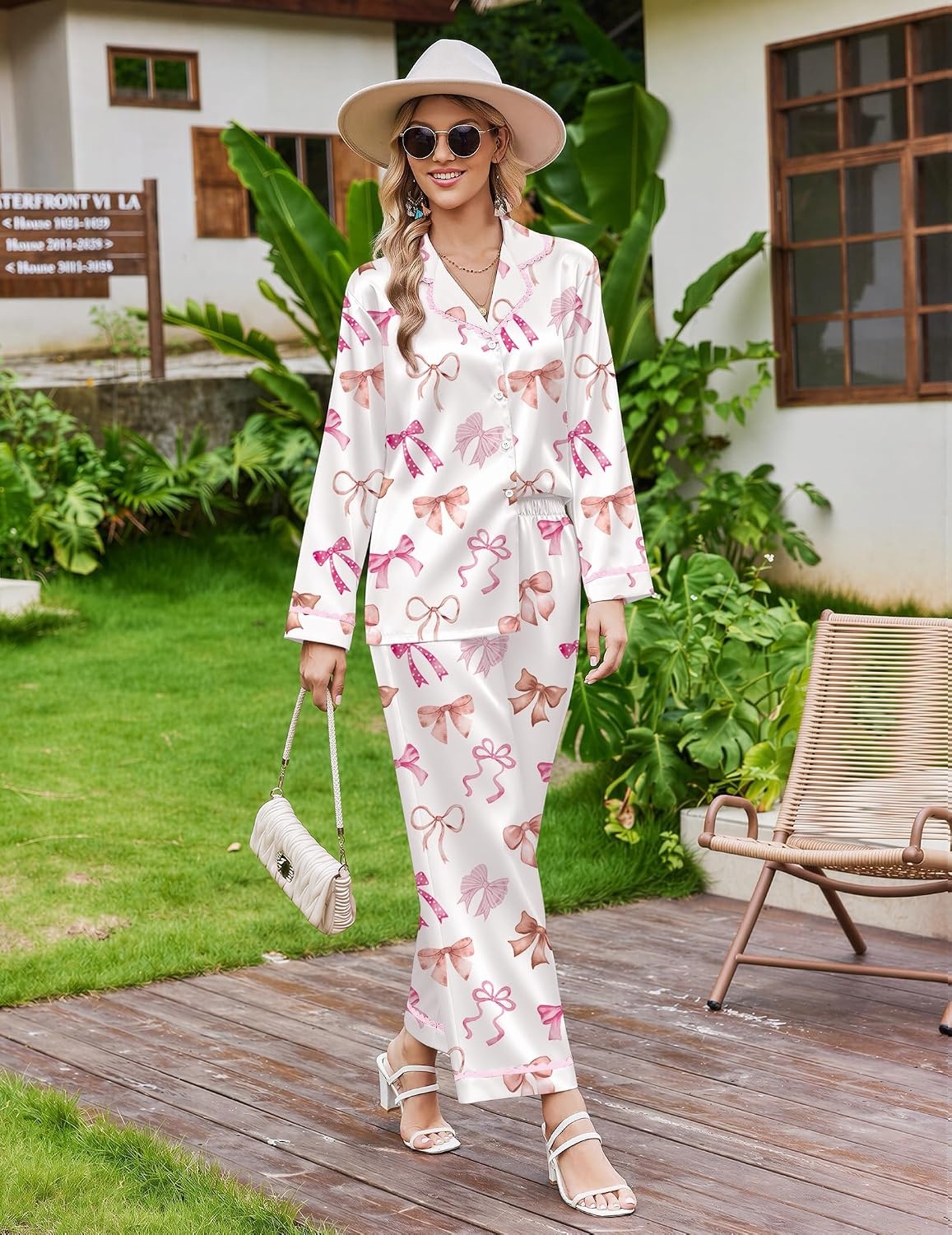 image:imageEkouaer Satin Pajamas for Women Set 2 Piece Silk Pjs Long Sleeve Lounge SetPink Sweetheart Bows