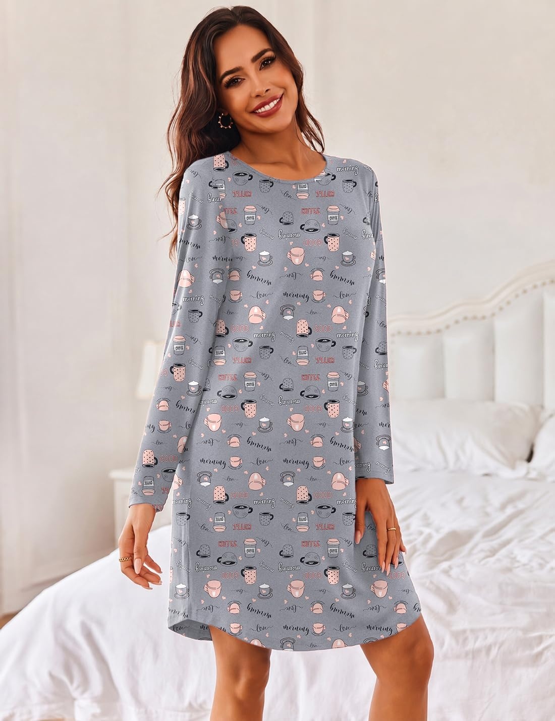 image:imageEkouaer Womens 3 Pack Cotton Nightgowns Long Sleeve Sleep Shirts SleepwearBlack grey cup